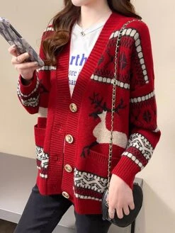 Women's Ugly Christmas Sweater Cardigan Sweater Jacket V Neck Ribbed Knit Polyester Button Pocket Knitted Fall Winter Regular Outdoor Christmas Daily Stylish Ethnic Style Casual Long Sleeve Geometric