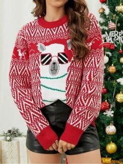 Women's Pullover Sweater Jumper Crew Neck Ribbed Knit Acrylic Oversized Fall Winter Short Christmas Daily Going Out Xmas Stylish Casual Soft Long Sleeve Animal No Lights S M L