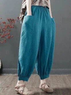 Women‘s Bloomers Baggy Cropped Pants Ankle-Length Cotton Pocket Cotton Linen Micro-elastic High Waist Streetwear Xmas Simple Outdoor Christmas Rice White Black M L Summer Fall -Xmas Cothing Store oipcbr1690959767449