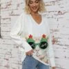 Women's Pullover Sweater Jumper V Neck Ribbed Knit Print Fall Winter Regular Christmas Xmas Stylish Soft Long Sleeve Animal White Green S M L