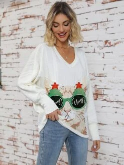 Women's Pullover Sweater Jumper V Neck Ribbed Knit Print Fall Winter Regular Christmas Xmas Stylish Soft Long Sleeve Animal White Green S M L