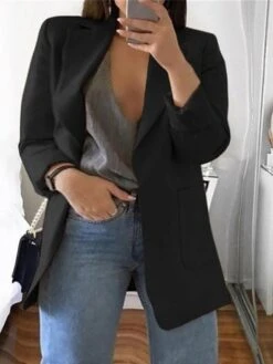 Women's Blazer Outdoor Pocket Plain Breathable Christmas Xmas Fashion Regular Fit Outerwear Long Sleeve Fall Black L