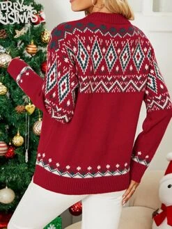 Women's Ugly Christmas Sweater Pullover Sweater Jumper Turtleneck Ribbed Knit Acrylic Knitted Fall Winter Xmas Holiday Stylish Casual Soft Long Sleeve Geometric Red Beige S M L -Xmas Cothing Store ojuzwn1665489474711