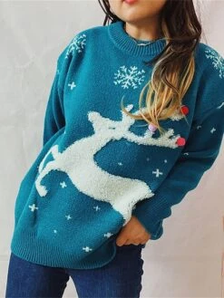 Women's Ugly Christmas Sweater Pullover Sweater Jumper Crew Neck Ribbed Knit Polyester Oversized Fall Winter Regular Outdoor Christmas Daily Stylish Casual Soft Long Sleeve Elk Snowflake Red Blue -Xmas Cothing Store oktbgn1696903377161