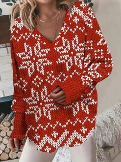 Women's Pullover Sweater Jumper V Neck Crochet Knit Polyester Print Fall Winter Christmas Holiday Casual Soft Long Sleeve Snowman Xmas Tree Red Brown Black White S M L -Xmas Cothing Store oliauo1693395695054