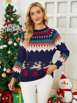 Women's Pullover Sweater Jumper Crew Neck Crochet Knit Acrylic Polyester Embroidery Spring Fall Winter Christmas Daily Holiday Stylish Casual Long Sleeve Snowman Xmas Tree Snowflake Red Blue -Xmas Cothing Store olkcwy1693561354510