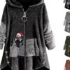 Women‘s Plus Size Christmas Fleece Jacket Teddy Coat Warm Button Pocket Animal Cat Causal Long Sleeve Hooded Regular Winter Fall Xmas Green Pink Dark Gray L XL XXL 3XL 4XL