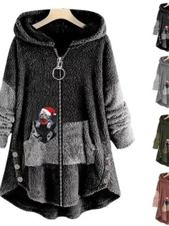 Women‘s Plus Size Christmas Fleece Jacket Teddy Coat Warm Button Pocket Animal Cat Causal Long Sleeve Hooded Regular Winter Fall Xmas Green Pink Dark Gray L XL XXL 3XL 4XL