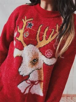 Women's Ugly Christmas Sweater Pullover Sweater Jumper Crew Neck Ribbed Knit Acrylic Oversized Fall Winter Regular Outdoor Xmas Daily Stylish Casual Soft Long Sleeve Elk Snowflake Red S M L -Xmas Cothing Store omahjj1696903339907