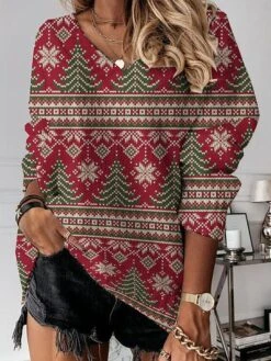 Women's Pullover Sweater Jumper V Neck Crochet Knit Polyester Print Drop Shoulder Summer Spring Fall Regular Christmas Daily Stylish Casual Soft Long Sleeve Xmas Tree Print Snowflake Red Brown 11 Women's Pullover Sweater Jumper V Neck Crochet Knit Polyester Print Drop Shoulder Summer Spring Fall Regular Christmas Daily Stylish Casual Soft Long Sleeve Xmas Tree Print Snowflake Red Brown -Xmas Cothing Store omegsu1694574291489
