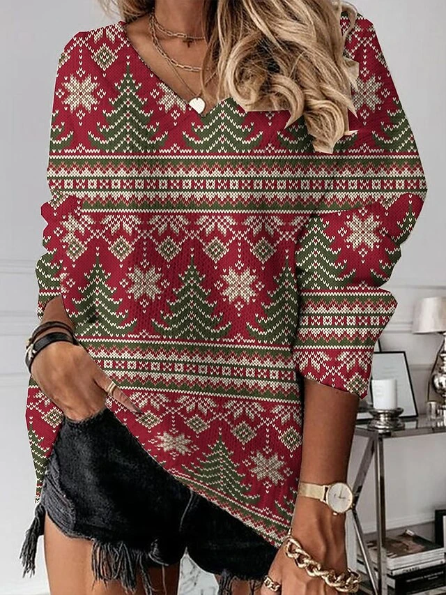Women's Pullover Sweater Jumper V Neck Crochet Knit Polyester Print Drop Shoulder Summer Spring Fall Regular Christmas Daily Stylish Casual Soft Long Sleeve Xmas Tree Print Snowflake Red Brown 7 Women's Pullover Sweater Jumper V Neck Crochet Knit Polyester Print Drop Shoulder Summer Spring Fall Regular Christmas Daily Stylish Casual Soft Long Sleeve Xmas Tree Print Snowflake Red Brown - Image 5