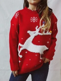 Women's Christmas Sweaters Pullover Sweater Jumper Crew Neck Chunky Knit Polyester Embroidery Spring Fall Winter Regular Christmas Daily New Year Fashion Daily Vintage Style Long Sleeve Elk Snowflake