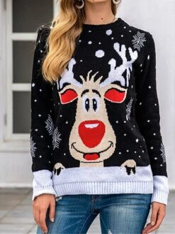 Women's Ugly Christmas Sweater Pullover Sweater Jumper Crew Neck Ribbed Knit Polyester Patchwork Fall Winter Regular Xmas Daily Going Out Stylish Casual Soft Long Sleeve Elk Snowflake Black Red -Xmas Cothing Store omrzcx1695209485905