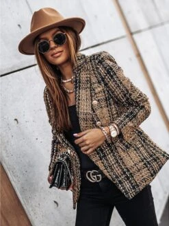 Women's Blazer Tweed Plaid Christmas Jacket Long Sleeve Coat Fall Winter Business Double Breasted Regular Jacket Green Brown XL 2XL 3XL -Xmas Cothing Store omylro1604468505200