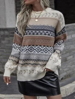 Women's Ugly Christmas Sweater Pullover Sweater Jumper Crew Neck Ribbed Knit Woolen Patchwork Fall Winter Regular Outdoor Christmas Daily Stylish Ethnic Style Casual Long Sleeve Geometric Striped Red -Xmas Cothing Store ontndj1696992129473