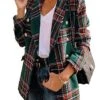 Women's Blazer Formal Button Plaid Warm Christmas Streetwear Regular Fit Outerwear Xmas Long Sleeve Fall Claret S