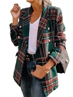 Women's Blazer Formal Button Plaid Warm Christmas Streetwear Regular Fit Outerwear Xmas Long Sleeve Fall Claret S