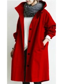 Women's Trench Coat Fall Long Over Coat With Hood Christmas Party Wear With Belt Single Breasted Hoodied Jacket Valentine's Day Loose Fit Waterproof Windproof Casual Jacket Long SleeveLight Blue Red