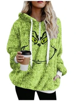 Women's Fleece Jacket Sherpa Jacket Teddy Coat Warm Breathable Christmas Street Daily Wear Vacation Zipper Pocket Print Pullover Hoodie Plush Casual Daily Comfortable Xmas Cartoon Regular Fit -Xmas Cothing Store oolekc1667992338556