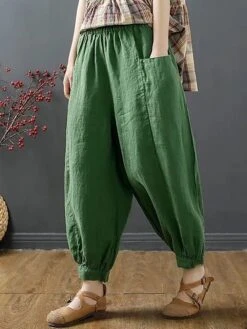 Women‘s Bloomers Baggy Cropped Pants Ankle-Length Cotton Pocket Cotton Linen Micro-elastic High Waist Streetwear Xmas Simple Outdoor Christmas Rice White Black M L Summer Fall