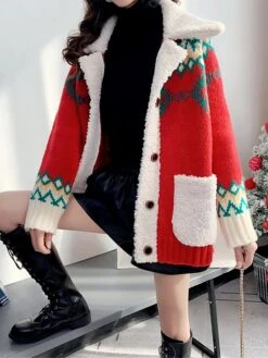 Women's Ugly Christmas Sweater Cardigan Sweater Shirt Collar Ribbed Knit Polyester Button Pocket Fall Winter Regular Outdoor Christmas Daily Stylish Casual Soft Long Sleeve Geometric Snowflake Red -Xmas Cothing Store oowgvj1696903322069