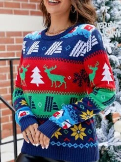 Women's Ugly Christmas Sweater Pullover Sweater Jumper Crew Neck Ribbed Knit Acrylic Patchwork Fall Winter Regular Xmas Daily Going Out Stylish Casual Soft Long Sleeve Color Block Elk Blue S M L 14 Women's Ugly Christmas Sweater Pullover Sweater Jumper Crew Neck Ribbed Knit Acrylic Patchwork Fall Winter Regular Xmas Daily Going Out Stylish Casual Soft Long Sleeve Color Block Elk Blue S M L -Xmas Cothing Store opaecr1695029176404