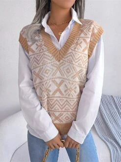 Women's Xmas Sweater Vest V Neck Ribbed Knit Acrylic Button Fall Winter Regular Outdoor Christmas Daily Stylish Casual Soft Sleeveless Snowflake Wine Blue Khaki S M L -Xmas Cothing Store orlvzv1695111153212