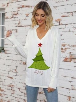Women's Pullover Sweater Jumper V Neck Ribbed Knit Print Fall Winter Regular Christmas Soft Long Sleeve Animal White Light Green S M L -Xmas Cothing Store orlzit1697017576620