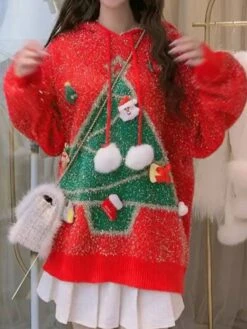 Women's Ugly Christmas Sweater Pullover Sweater Jumper Christmas Sweaters Hooded Ribbed Knit Polyester Knitted Print Fall Winter Regular Outdoor Christmas Daily Stylish Casual Soft Long Sleeve -Xmas Cothing Store orqpuc1697290895993