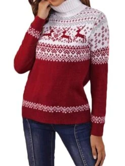 Women's Ugly Christmas Sweater Pullover Sweater Jumper Turtleneck Ribbed Knit Polyester Knitted Fall Winter Outdoor Xmas Holiday Stylish Casual Soft Long Sleeve Elk Snowflake Red S M L -Xmas Cothing Store otknoa1666854035669