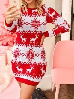 Women's Ugly Christmas Sweater Sweater Dress Christmas Sweaters Crew Neck Ribbed Knit Polyester Knitted Fall Winter Long Outdoor Christmas Daily Stylish Casual Soft Long Sleeve Elk Snowflake Red S M L -Xmas Cothing Store otvhoq1697290887621