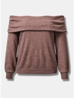 Women's Pullover Sweater Jumper Off Shoulder Waffle Knit Polyester Cold Shoulder Fall Winter Short Party Christmas Going Out Stylish Casual Soft Long Sleeve Solid Color Pink Coffee L XL 2XL -Xmas Cothing Store oubuqj1697103771274