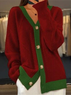Women's Cardigan V Neck Crochet Knit Polyester Button Fall Winter Regular Christmas Date Stylish Soft Long Sleeve Color Block Wine Army Green S M L -Xmas Cothing Store ounkvn1697176850549
