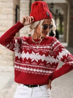 Women's Christmas Sweater Xmas Pullover Jumper Knitted Geometric Snowflake Stylish Casual Long Sleeve Sweater Cardigans Crew Neck Fall Winter Wine