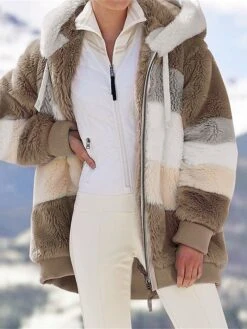 Women's Plus Size Fleece Sherpa Jacket Teddy Coat With Hood Christmas Windproof Warm Zipper Coat Fashion Plush Outdoor Xmas Casual Color Block Regular Fit Outerwear Long Sleeve Fall -Xmas Cothing Store ouxurz1695715062369