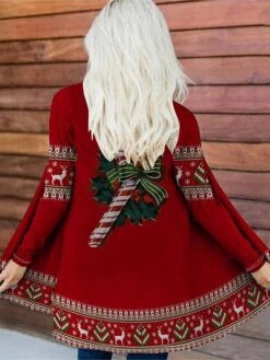 Women's Jacket Christmas Print Elk Comfortable Fashion Loose Fit Outerwear Long Sleeve Fall Dark Red S