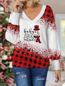 Women's Christmas Sweater Pullover Sweater Jumper V Neck Crochet Knit Print Drop Shoulder Fall Winter Regular Christmas Stylish Casual Soft Long Sleeve Snowman Wine S M L