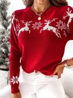 Women's Ugly Christmas Sweater Pullover Sweater Jumper Crew Neck Ribbed Knit Acrylic Patchwork Fall Winter Regular Outdoor Xmas Daily Stylish Casual Soft Long Sleeve Elk Snowflake White Red Green