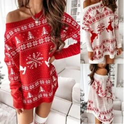 Women's Christmas Sweater Dress Round Neck Long Sleeve Xmas Red Ethnic Elk Pine Tree Snowflake Polka Dot Pattern Jacquard Sweater Dresses -Xmas Cothing Store oxaawz1626693122074