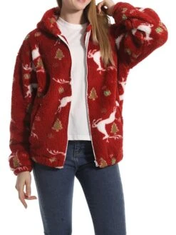 Women's Fleece Sherpa Jacket Christmas Xmas Teddy Bear Coat Windproof Warm Winter Coat Comtemporary Stylish Plush Jacket Long Sleeve Elk -Xmas Cothing Store oxnzpr1695639940830