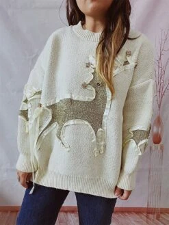 Women's Christmas Sweaters Pullover Sweater Jumper Crew Neck Chunky Knit Polyester Embroidery Spring Fall Winter Regular Christmas Daily New Year Fashion Cute Daily Long Sleeve Elk Red Beige S M L -Xmas Cothing Store oxpkwe1697539839239