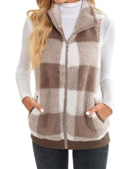 Women's Teddy Vest Fleece Plaid Sleeveless Sherpa Coat Fall Winter Thermal Warm Christmas Outerwear With Pockets Stylish Contemporary Modern Style Jacket Sleeveless