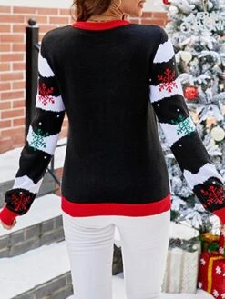 Women's Ugly Christmas Sweater Pullover Sweater Jumper Crew Neck Ribbed Knit Acrylic Patchwork Fall Winter Regular Xmas Daily Going Out Stylish Casual Soft Long Sleeve Elk Christmas Tree Black -Xmas Cothing Store oycejg1695029176713
