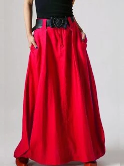 Women's Skirt Work Skirts Long Skirt Maxi Cotton Black Yellow Red Gray Skirts Fall & Winter Pocket Belt Not Included Without Lining Christmas Daily S M L