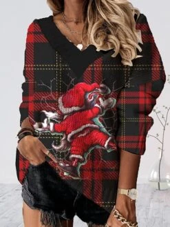 Women's Ugly Xmas Sweater Pullover Sweater Jumper Crochet Knit Regular Print Floral V Neck Stylish Casual Christmas Drop Shoulder Fall Winter Black Wine S M L -Xmas Cothing Store ozrxkn1695029613003