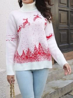 Women's Ugly Christmas Sweater Pullover Sweater Jumper Turtleneck Ribbed Knit Acrylic Patchwork Fall Winter Regular Outdoor Christmas Daily Stylish Casual Soft Long Sleeve Elk Christmas Tree White Red -Xmas Cothing Store ozttnn1697103883492
