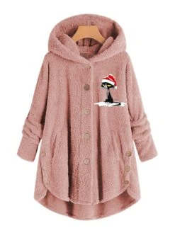 Women's Fleece Jacket Sherpa Jacket Teddy Coat Windproof Warm Outdoor Christmas Daily Wear Vacation Button Pocket Print Single Breasted Hoodie Plush Casual Daily Modern Xmas Cat Regular Fit -Xmas Cothing Store ozyvez1667466547736 1