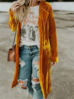 Women's Velvet Trench Coat Christmas Party Long Overcoat Winter Open Front Lapel Pea Coat Windproof Warm Street Xmas Jacket Long Sleeve With Pockets Dark Grey Black Yellow