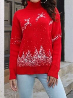 Women's Ugly Christmas Sweater Pullover Sweater Jumper Turtleneck Ribbed Knit Acrylic Patchwork Fall Winter Regular Outdoor Christmas Daily Stylish Casual Soft Long Sleeve Elk Christmas Tree White Red -Xmas Cothing Store pctyne1697103894403