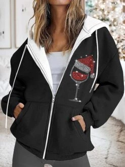 Women's Hoodied Jacket Fall Sport Hoodie Christmas Drawstring Sweatshirts With Pocket Zip Up Jacket Oversized Outerwear Xmas Long Sleeve Streetwear Coat